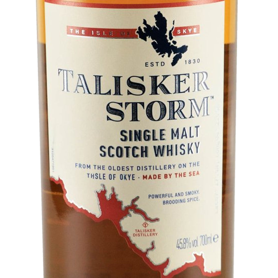 Talisker Storm Single Malt Scotch Whisky 700ml - Talisker Storm front label with Isle of Skye map
