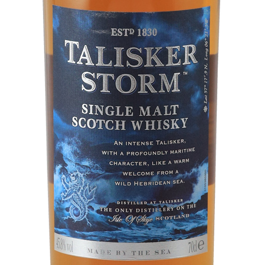 Talisker Storm single malt Scotch whisky blue front label with silver lettering
