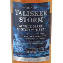Load image into Gallery viewer, Talisker Storm single malt Scotch whisky blue front label with silver lettering