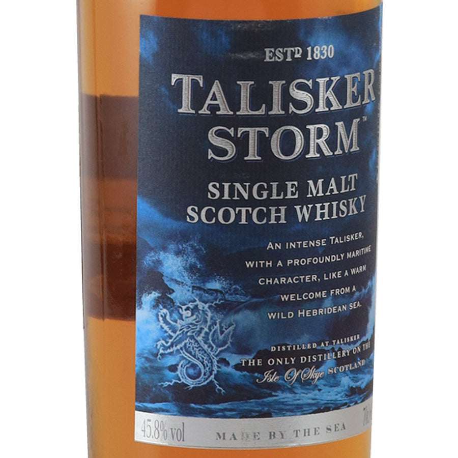 Talisker Storm single malt Scotch whisky angled front label, left view