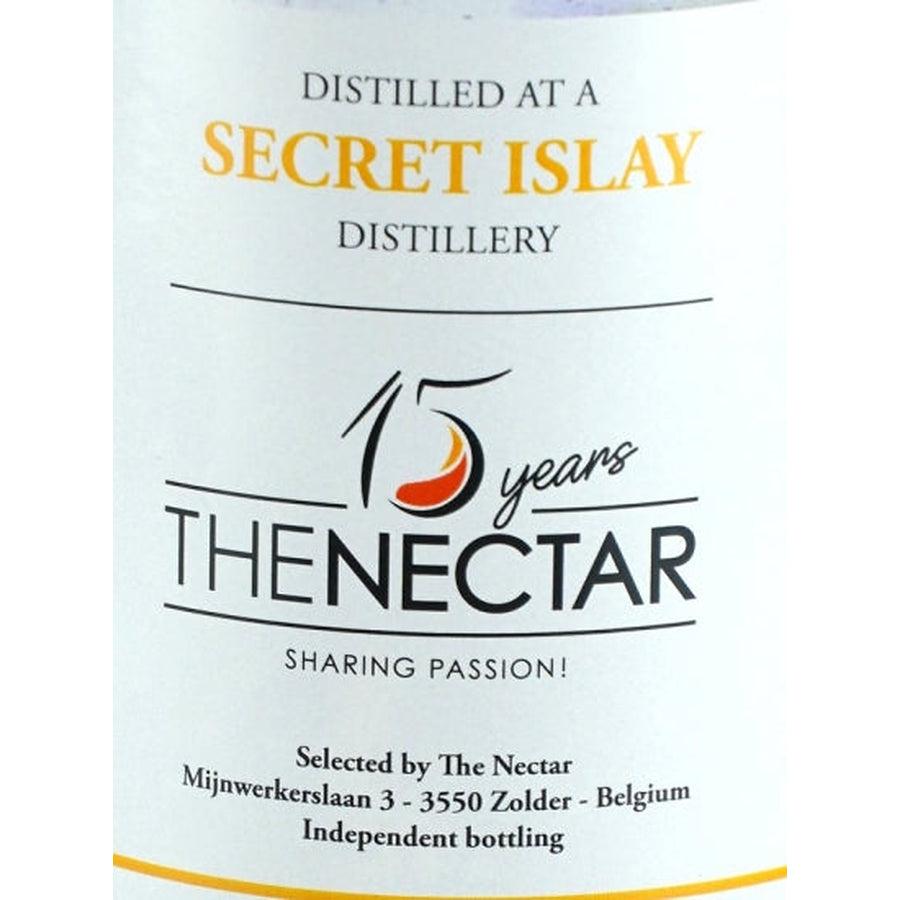 The Nectar Secret Islay 14 Year Old 2007 single malt whisky, label detail showing Secret Islay and The Nectar 15 year anniversary emblem