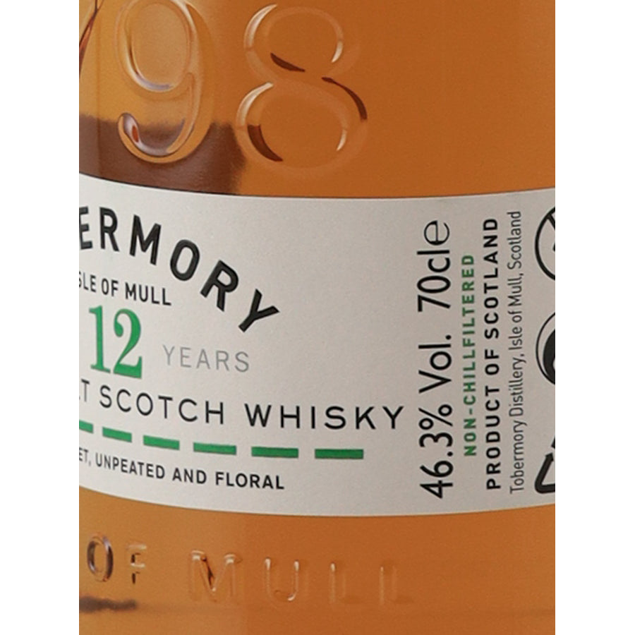Tobermory 12 Year Old single malt Scotch whisky, 46.3% ABV and 70 cl label detail