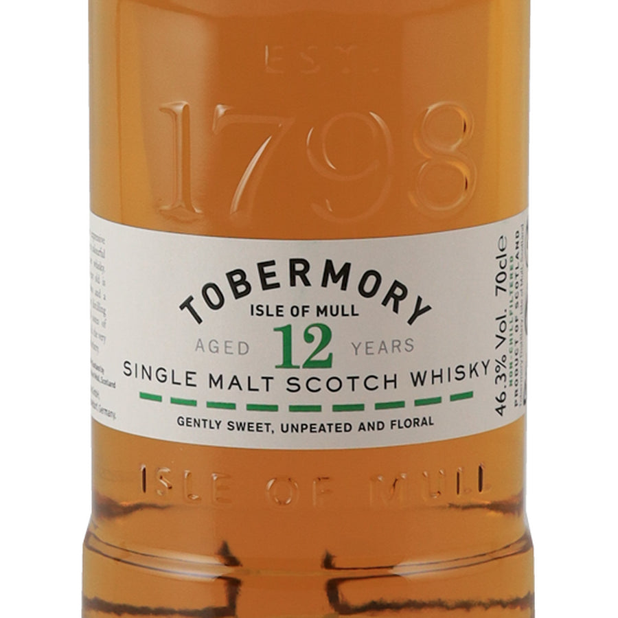 Tobermory 12 Year Old single malt Scotch whisky, 12 year front label and embossed glass