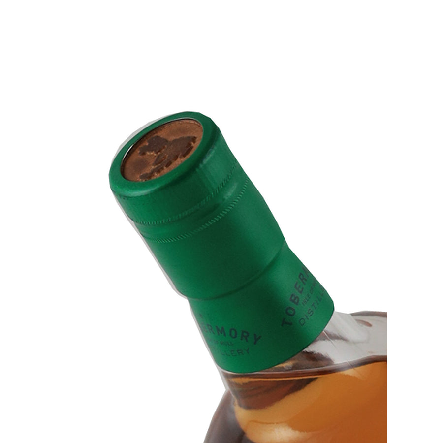 Tobermory 12 Year Old single malt Scotch whisky, angled green capsule showing the stopper top