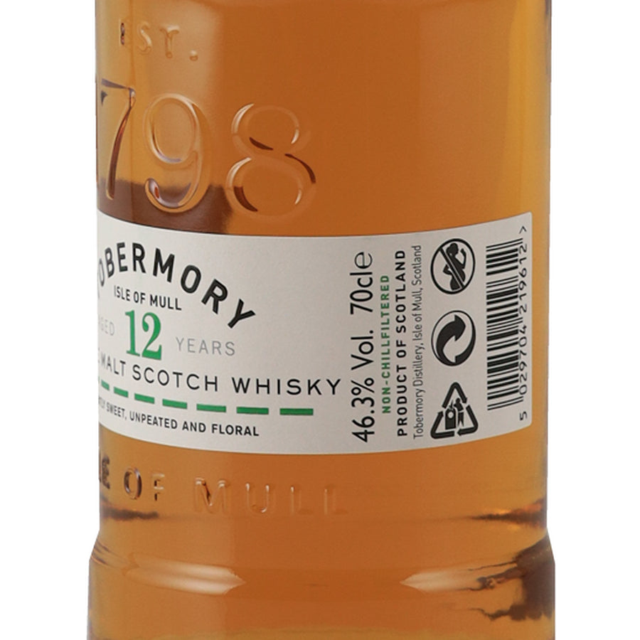 Tobermory 12 Year Old single malt Scotch whisky, right angle showing barcode