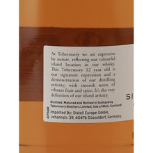 Load image into Gallery viewer, Tobermory 12 Year Old single malt Scotch whisky, producer information on the side label