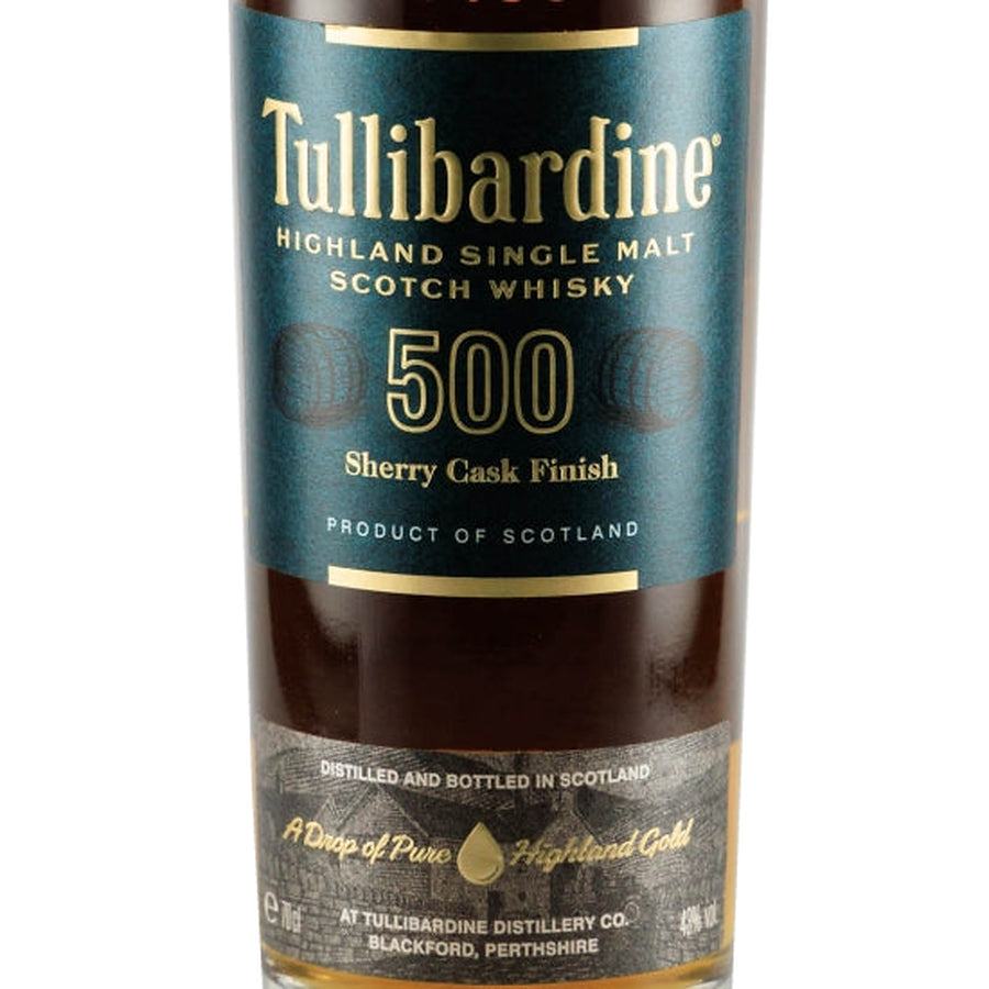 Tullibardine 500 Sherry Cask Finish single malt Scotch whisky front label showing 500 and Sherry Cask Finish