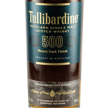 Load image into Gallery viewer, Tullibardine 500 Sherry Cask Finish single malt Scotch whisky front label showing 500 and Sherry Cask Finish