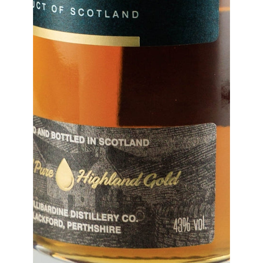 Tullibardine 500 Sherry Cask Finish single malt Scotch whisky lower label detail showing 43% alcohol by volume