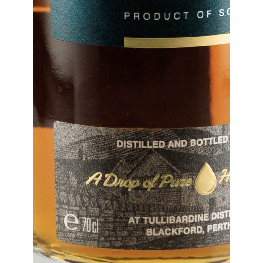 Tullibardine 500 Sherry Cask Finish single malt Scotch whisky lower label detail showing 70cl and the distillery location