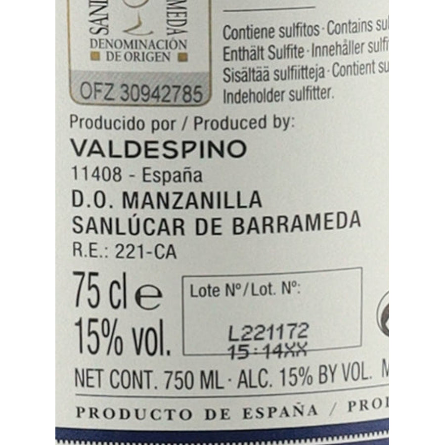 Valdespino Manzanilla Deliciosa Sherry 15% 750ml - origin volume and lot detail