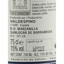 Load image into Gallery viewer, Valdespino Manzanilla Deliciosa Sherry 15% 750ml - origin volume and lot detail