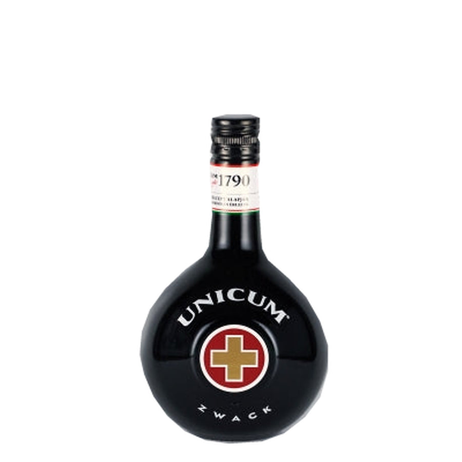 Zwack Unicum 700ml herbal liqueur in a round black bottle with red and gold cross
