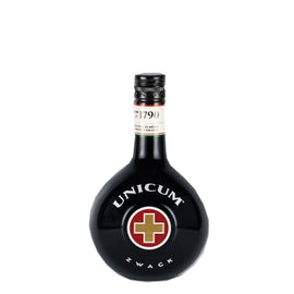 Zwack Unicum 700ml herbal liqueur in a round black bottle with red and gold cross
